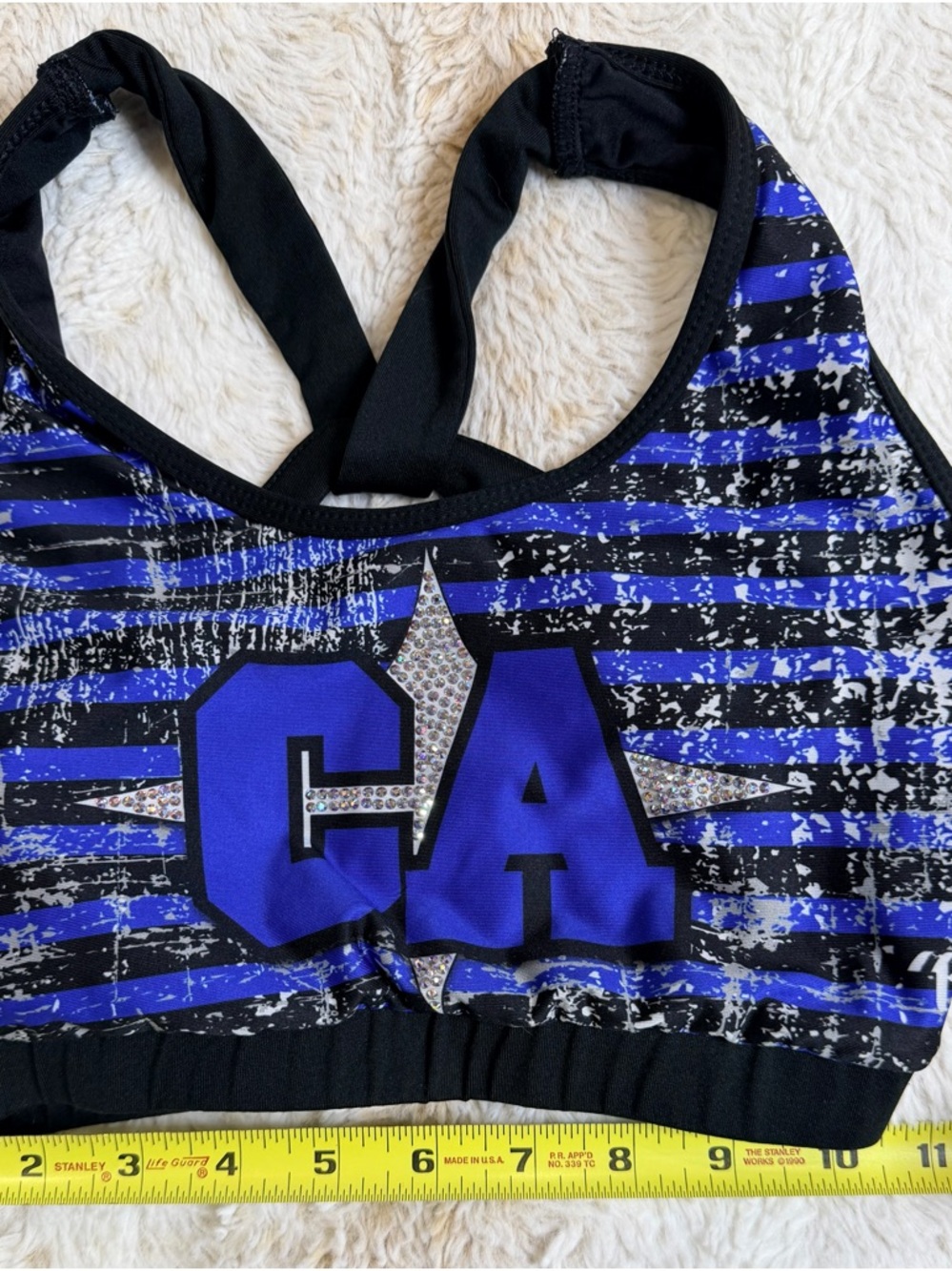 Cali All Stars Blue & Black Striped Sports Bra with Rhinestone Star CA Logo
